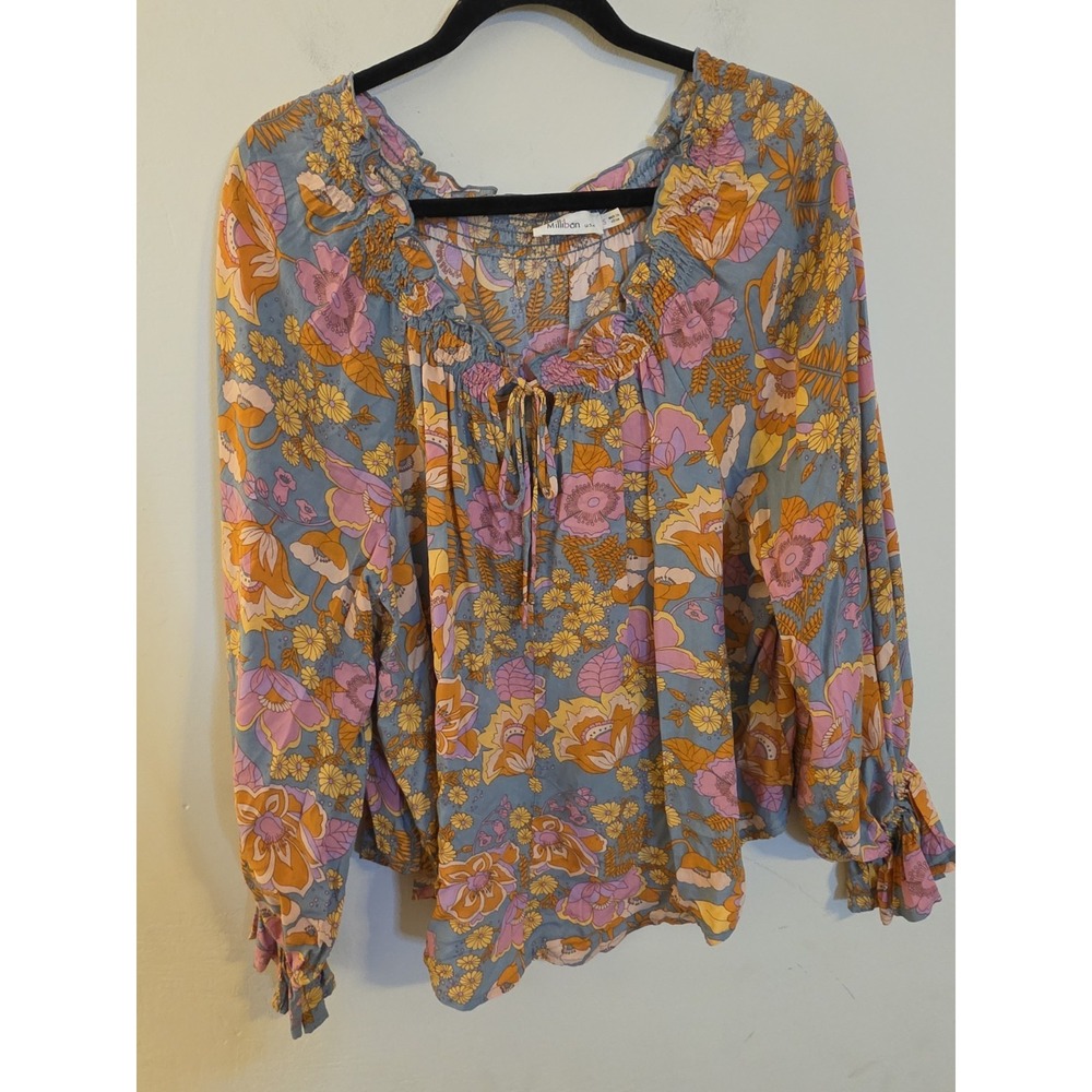 Millibon USA Floral Peasant Blouse Blue Pink Orange Boho Smocked Top IT31808Q S